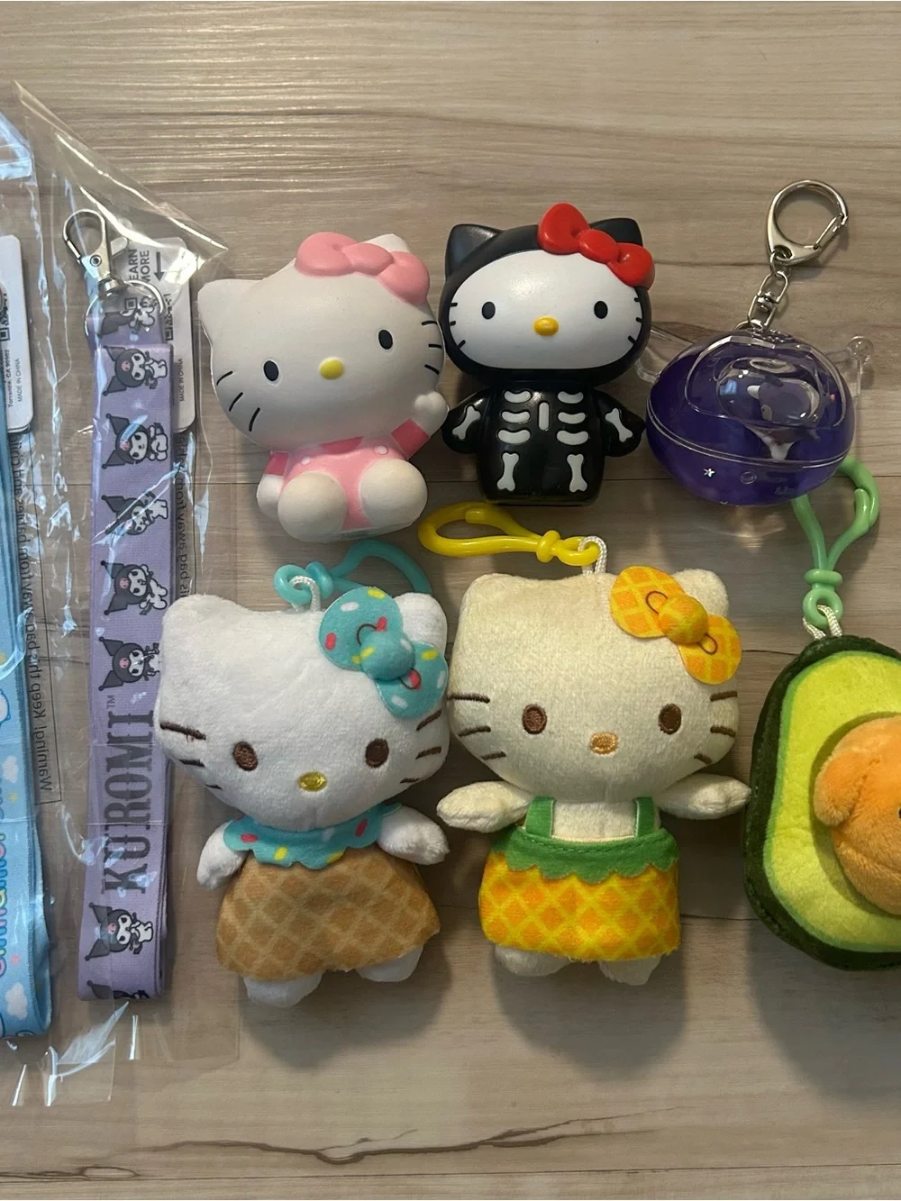 Hello Kitty & Friends Plush Key Chain Figure Bundle Squishy, Kuromi, & Landyard